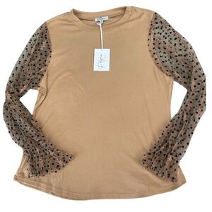 Polagram Camel Blouse with Sheer Polka Dot Sleeves